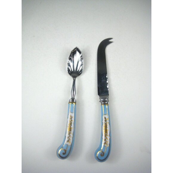 Decorative Cheese Knife Spoon Set Blue Gold Porcelain Handles Serving Utensils - Picture 1 of 9